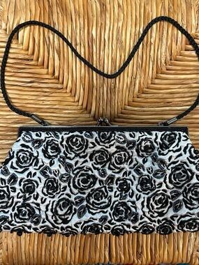 Lancome Black & White Beaded Rose Evening Clutch